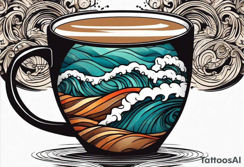 Circular retro design with coffee mug and ocean wave on mug tattoo idea