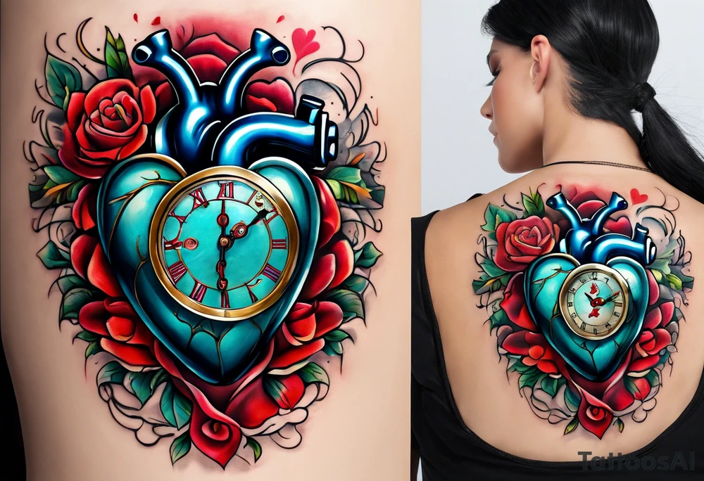 anatomical heart with clock in middle.
Clock hands on 8 and 5.
Never Say Never written on tattoo tattoo idea