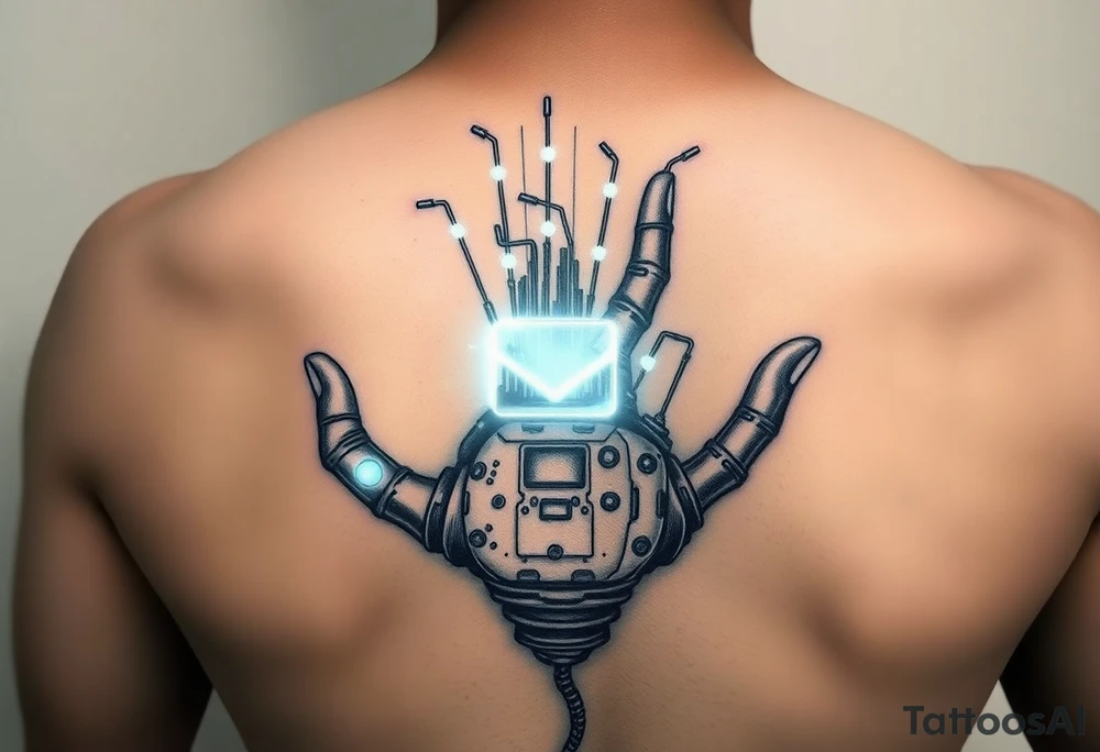 Hacker’s Hand with Glowing Chips and Wires
A mechanical hand with fingers covered in data ports and cybernetic tattoos.
Holographic projections floating from the palm—could be code, a cityscape, or a warning symbol.
Can symbolize hacking, control, or knowledge. tattoo idea