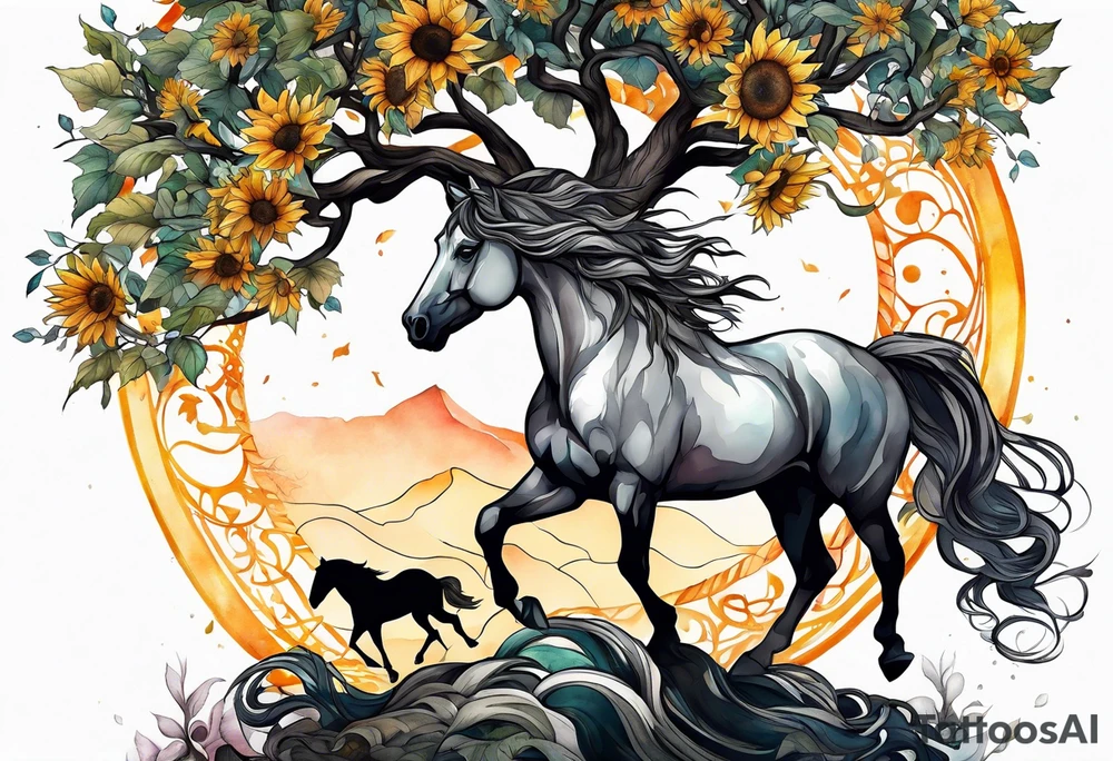 Yggdrasil tree, horse, sunflower tattoo idea