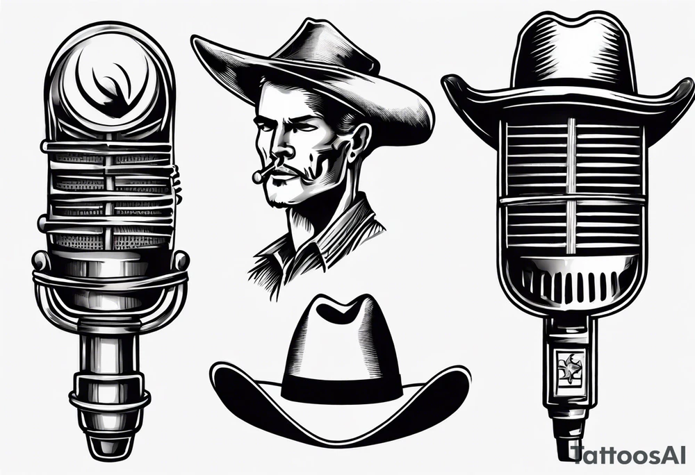 Old school broadcast microphone with cowboy hat on top tattoo idea