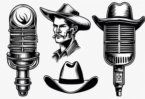 Old school broadcast microphone with cowboy hat on top tattoo idea