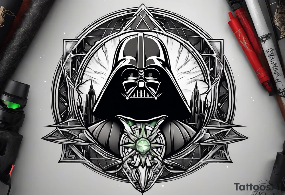 Deathly hallows symbol with Yoda lightsaber, Darth Vader lightsaber, ring of power in the middle tattoo idea
