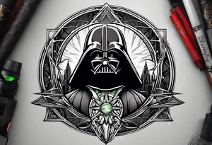 Deathly hallows symbol with Yoda lightsaber, Darth Vader lightsaber, ring of power in the middle tattoo idea