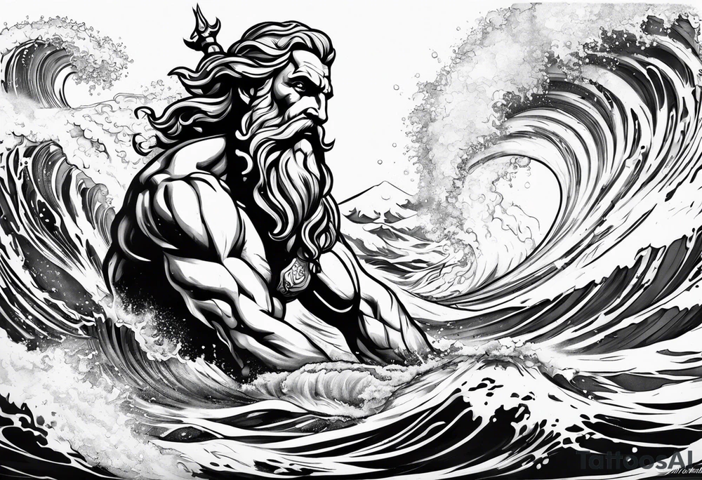 Poseidon steht in einer Welle im Meer tattoo idea