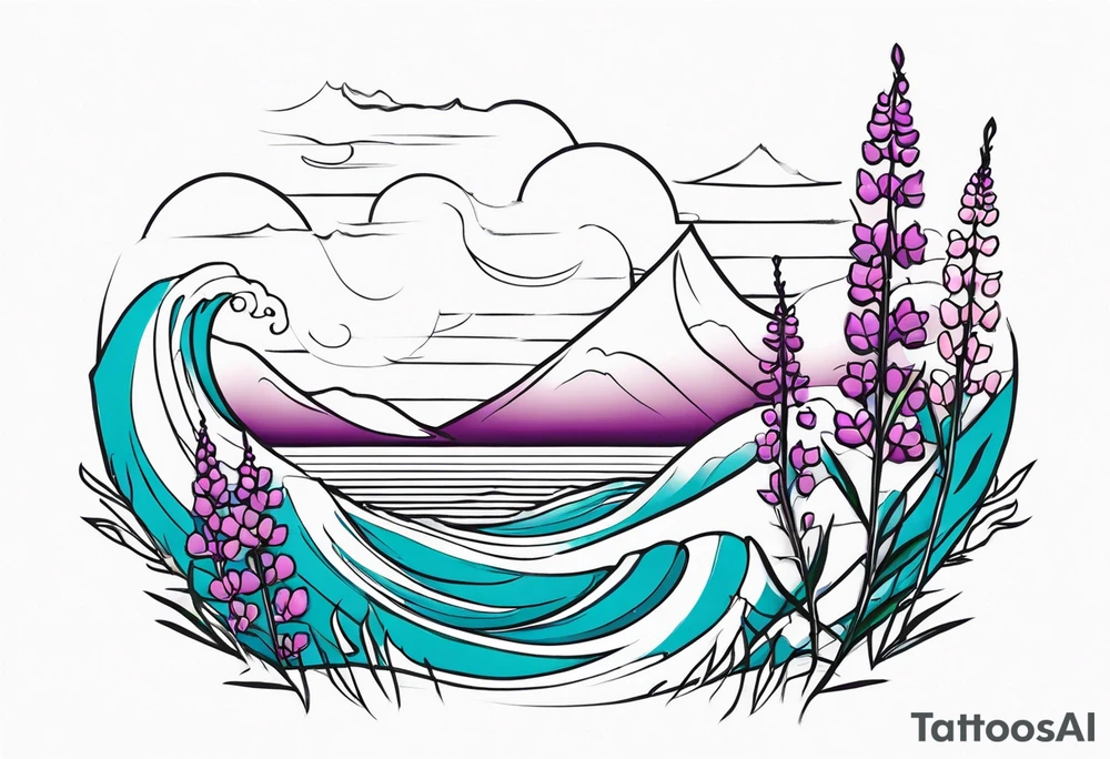 ocean wave with lupine and fireweed tattoo idea