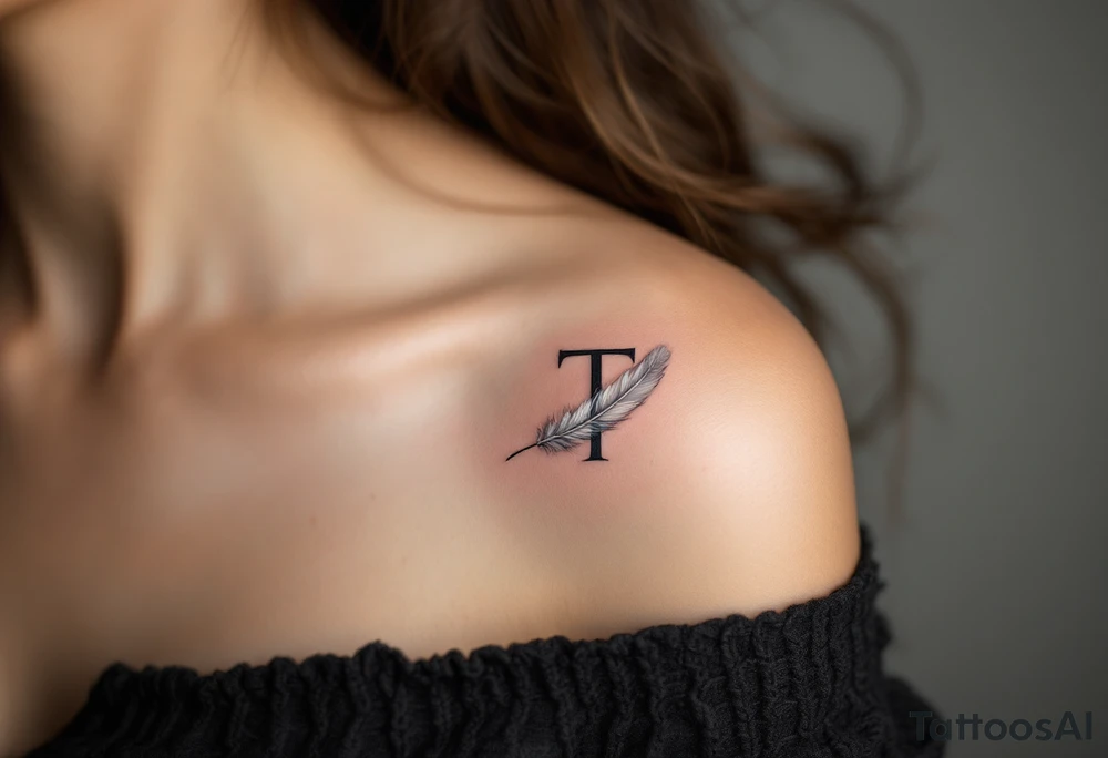 A soft gray "T" with a feather wrapped around its stem, symbolizing lightness. tattoo idea