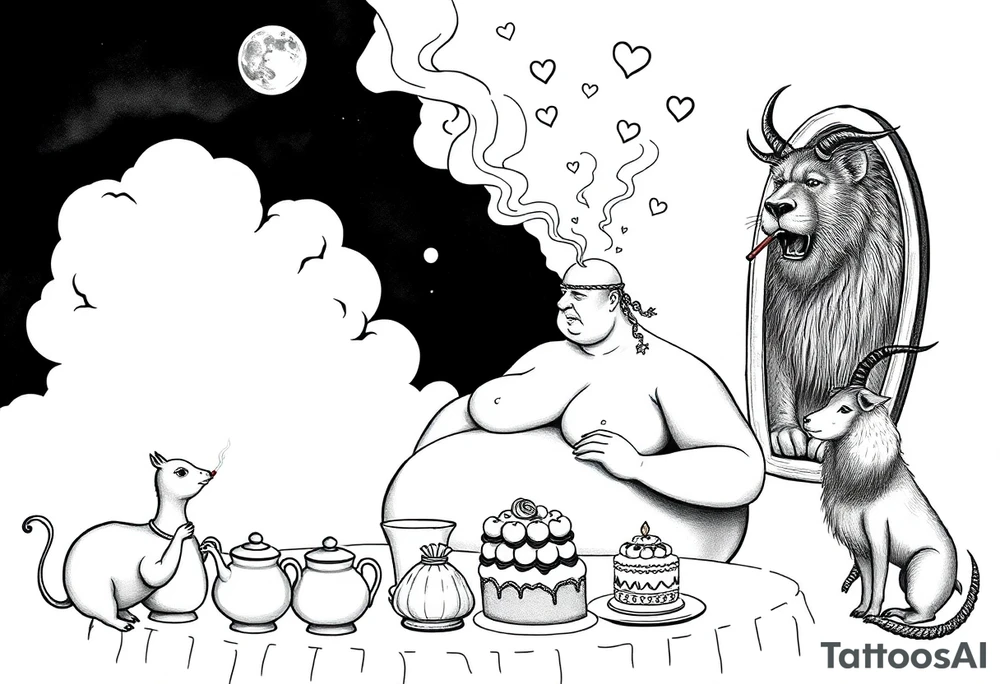 naked fat lady having a tea party with tea pots and 
with a pig, peacock, noose, lion, goat, smoking cigerettes looking in the mirror having sex with a man eating a cake thru storm clouds with knife and broken hearts and darkness and wrath, envy , gluttony, greed, sloth, pride tattoo idea