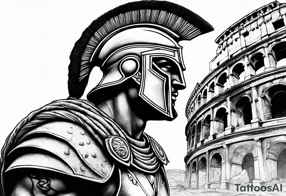 Side profile of spartan soilder with Roman buildings tattoo idea