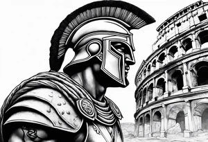 Side profile of spartan soilder with Roman buildings tattoo idea