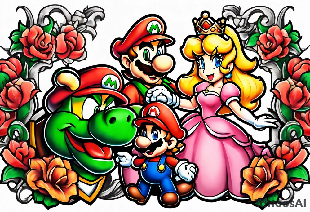 bowser holding Mario and Luigi severed heads with princess peach by bowsers side tattoo idea
