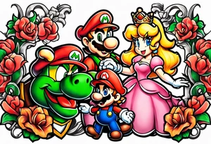 bowser holding Mario and Luigi severed heads with princess peach by bowsers side tattoo idea