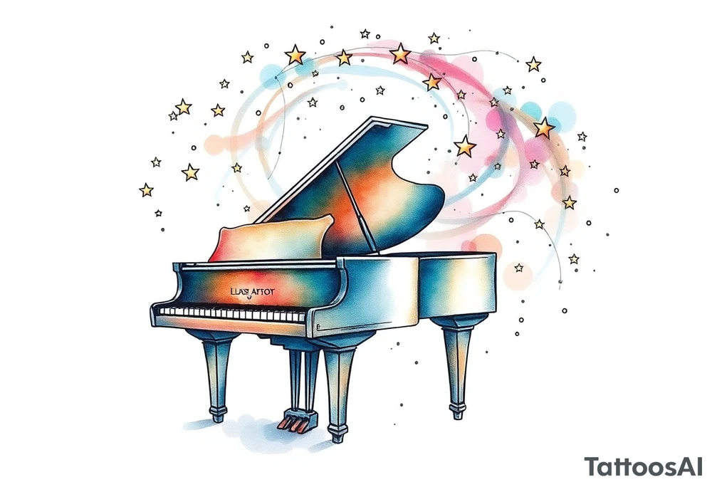 a grand piano under a swirl of stars tattoo idea