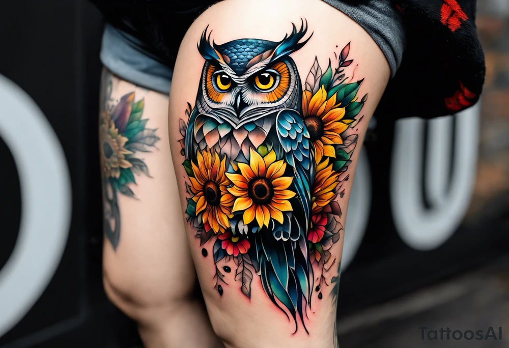 Leg sleeve with colorful sunflowers and an owl tattoo idea