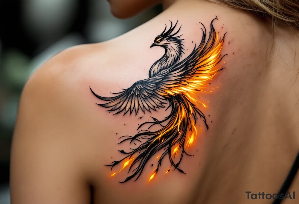 magnificent phoenix rising from golden flames with trailing embers tattoo idea