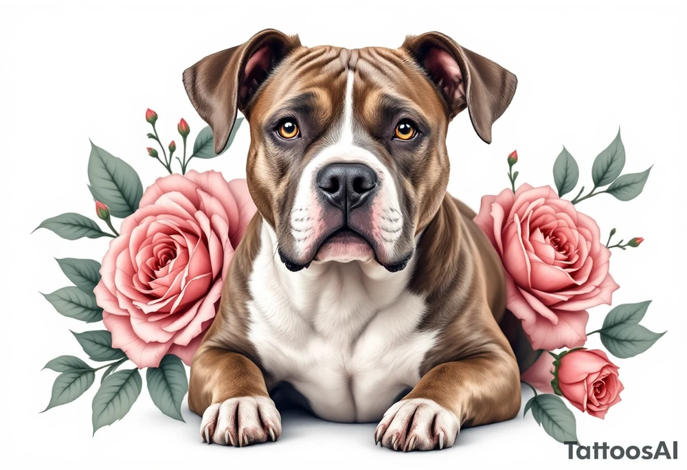 Brown and white pitbull with kind eyes, sitting calmly, surrounded by roses in muted red and soft green leaves, gentle realism. tattoo idea