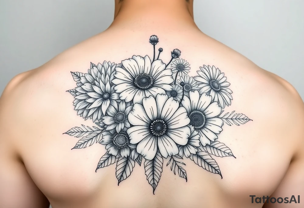 Flower bouquet with chrysanthemum, poppy, cosmo, daisy tattoo idea