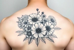 Flower bouquet with chrysanthemum, poppy, cosmo, daisy tattoo idea