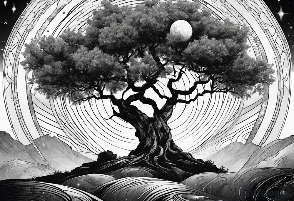an olive tree surrounded by Saturn surrounded by a black hole tattoo idea an olive tree surrounded by Saturn surrounded by a black hole tattoo idea