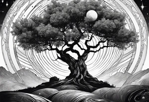 an olive tree surrounded by Saturn surrounded by a black hole tattoo idea