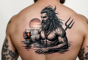 young, happy, fit poseidon in calm water, holding a trident, drinking a beer, with sunset, with ski bare feet tattoo idea