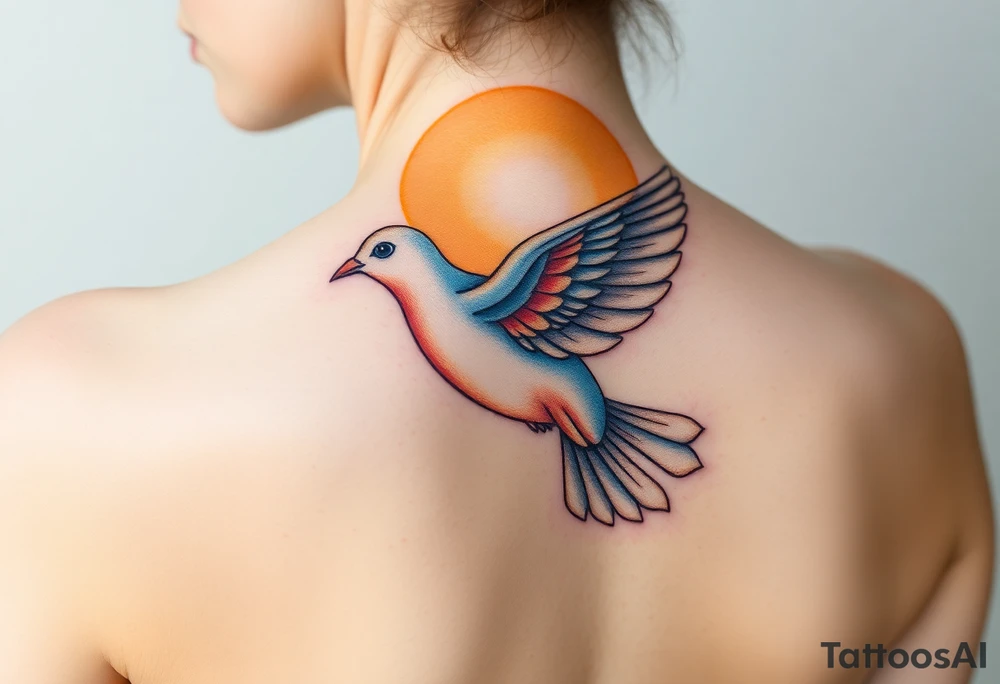 A flying collared dove with a glowing halo, in soft golden hues, with a blue-gray gradient for the bird, symbolizing divine guidance and purity tattoo idea