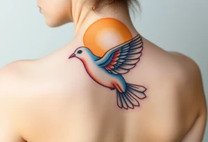 A flying collared dove with a glowing halo, in soft golden hues, with a blue-gray gradient for the bird, symbolizing divine guidance and purity tattoo idea