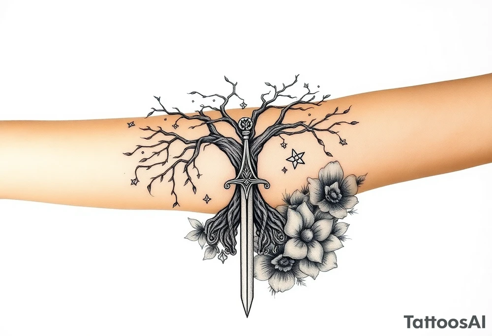 based on the Lord of the rings movies with the tree of Gondor, the Evenstar necklace, the sword Narsil, and flowers tattoo idea