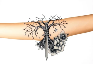 based on the Lord of the rings movies with the tree of Gondor, the Evenstar necklace, the sword Narsil, and flowers tattoo idea