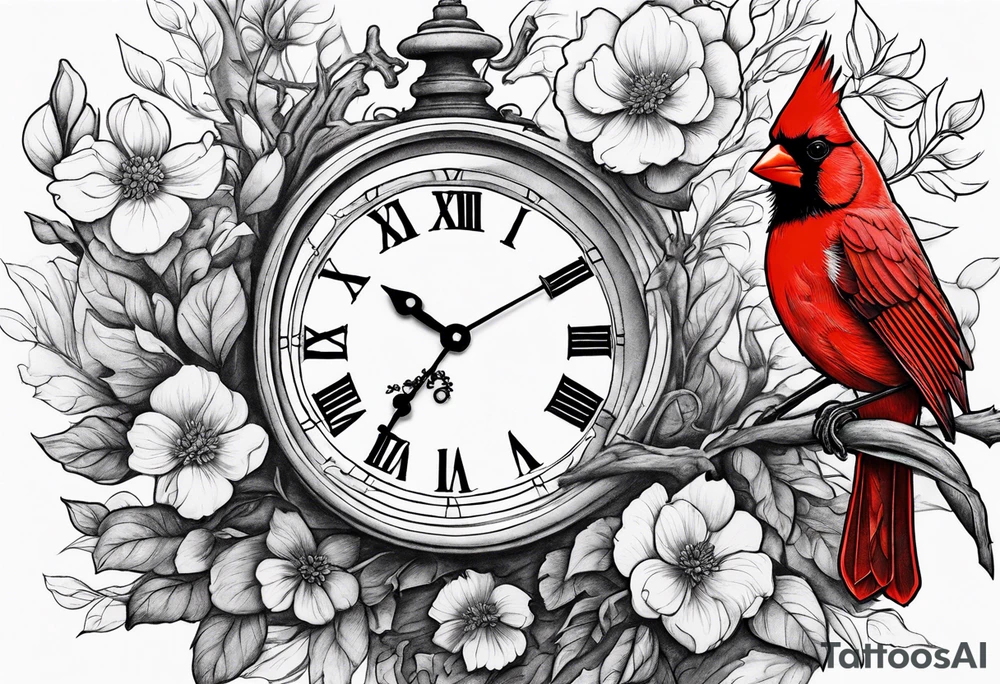 Trees, flowers, clock, red cardinal, representing growth from grief tattoo idea