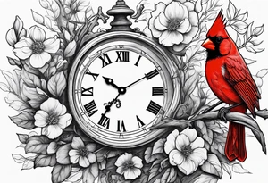 Trees, flowers, clock, red cardinal, representing growth from grief tattoo idea