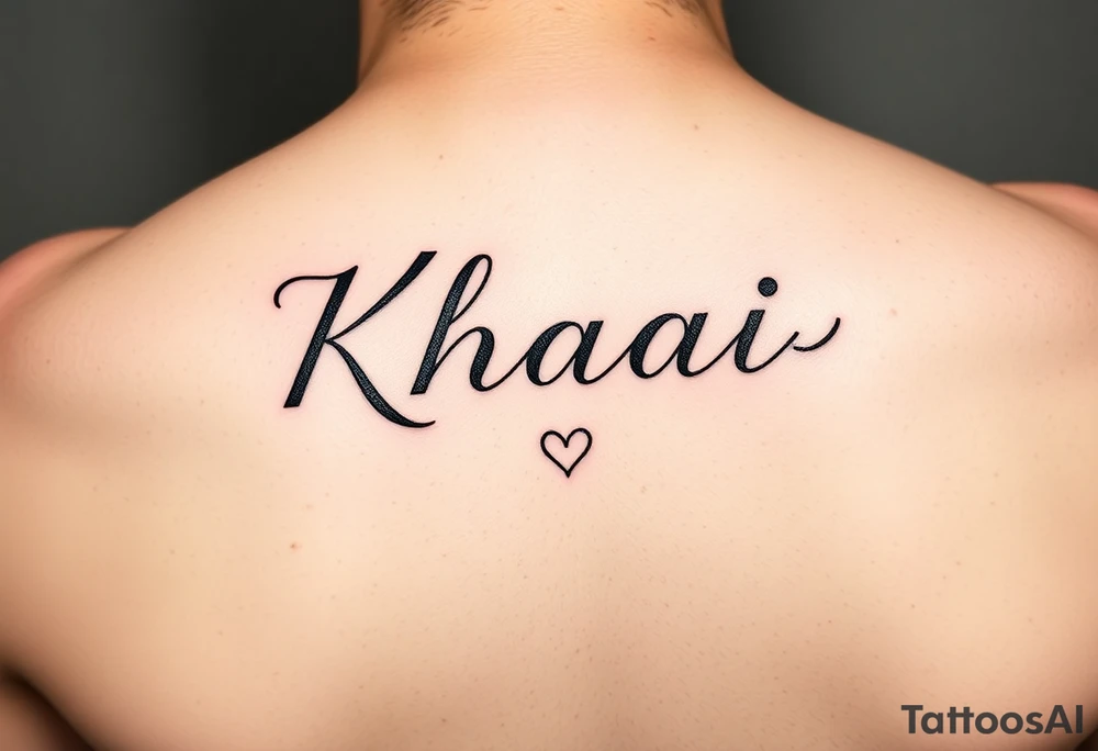 The name Khaài in a slim but bold cursive font w a small heart at the end of the name tattoo idea