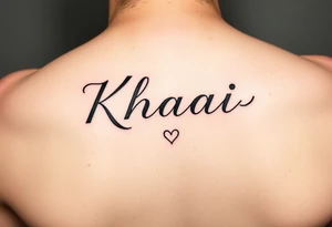 The name Khaài in a slim but bold cursive font w a small heart at the end of the name tattoo idea