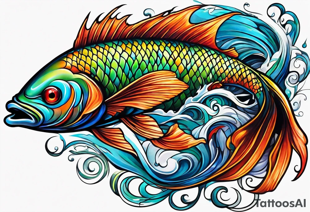 wide swirl of red, blue, orange, green with fish hooks tattoo idea