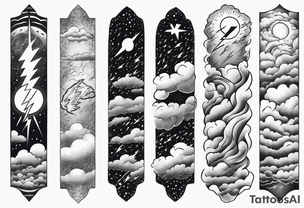 forearm sleeve lightning and clouds pattern tattoo idea