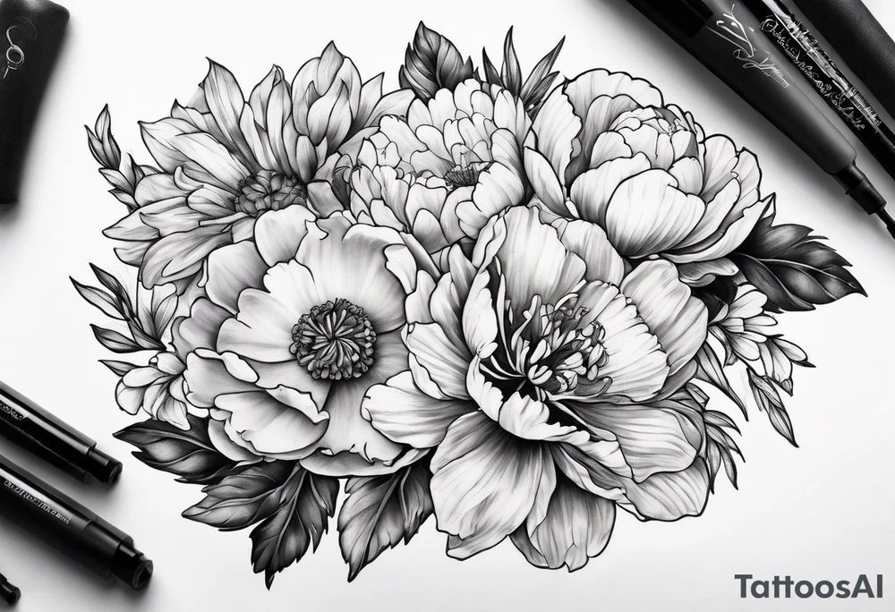marigold, peony, and narcissus side by side tattoo idea