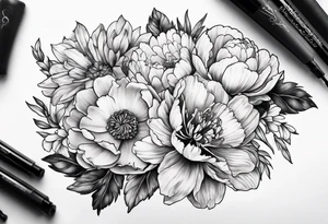 marigold, peony, and narcissus side by side tattoo idea