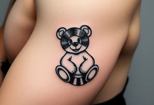 minimalist teddy bear with vinyl records as eyes smiling and sitting on a record tattoo idea