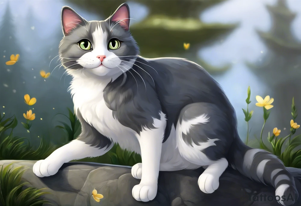 Grey and white cat. She has mostly grey body, smaller white patches on her belly, all four paws are white, but her legs are grey.  she has a tiny little white moustache. White whiskers. She is on the larger side for a cat. I want the tattoo to reflect her sweet personality. She loved sunshine and flowers. She is recently passed away and I would like a memorial tattoo of my sweet baby cat. I want a black and white simple sketch. Her face is completely grey. tattoo idea
