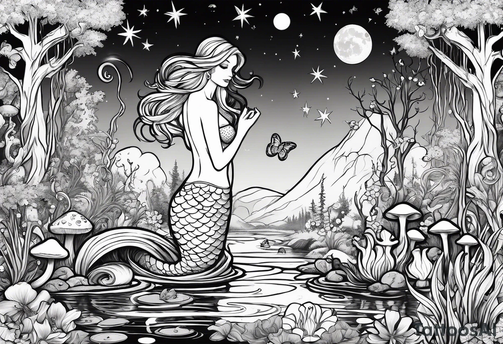 A mermaid under the stars in a swamp with cypress trees, mushrooms, frogs and bugs. tattoo idea