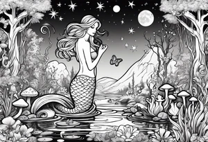 A mermaid under the stars in a swamp with cypress trees, mushrooms, frogs and bugs. tattoo idea