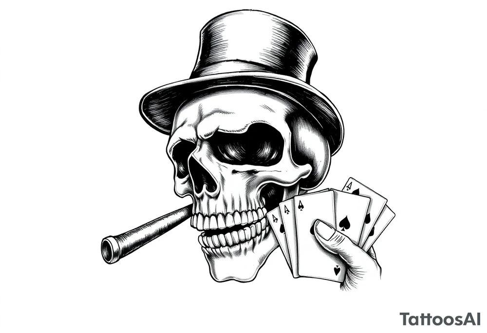 a skull with mustache, a big cigar in his mouth,top-hat on his head and playing cards in a hand. tattoo idea