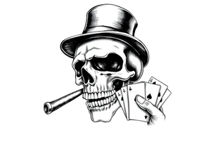 a skull with mustache, a big cigar in his mouth,top-hat on his head and playing cards in a hand. tattoo idea