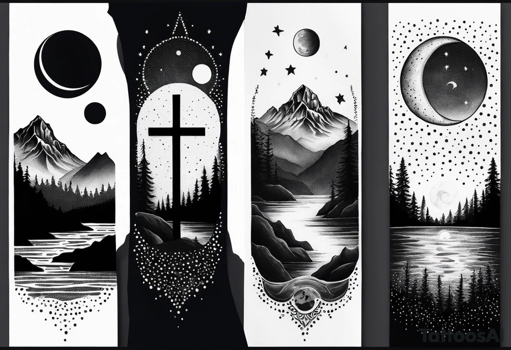 nature with mountains, waterfall, water, and a cross in the background and and moon/sun in the sky with stars tattoo idea
