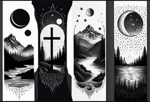 nature with mountains, waterfall, water, and a cross in the background and and moon/sun in the sky with stars tattoo idea