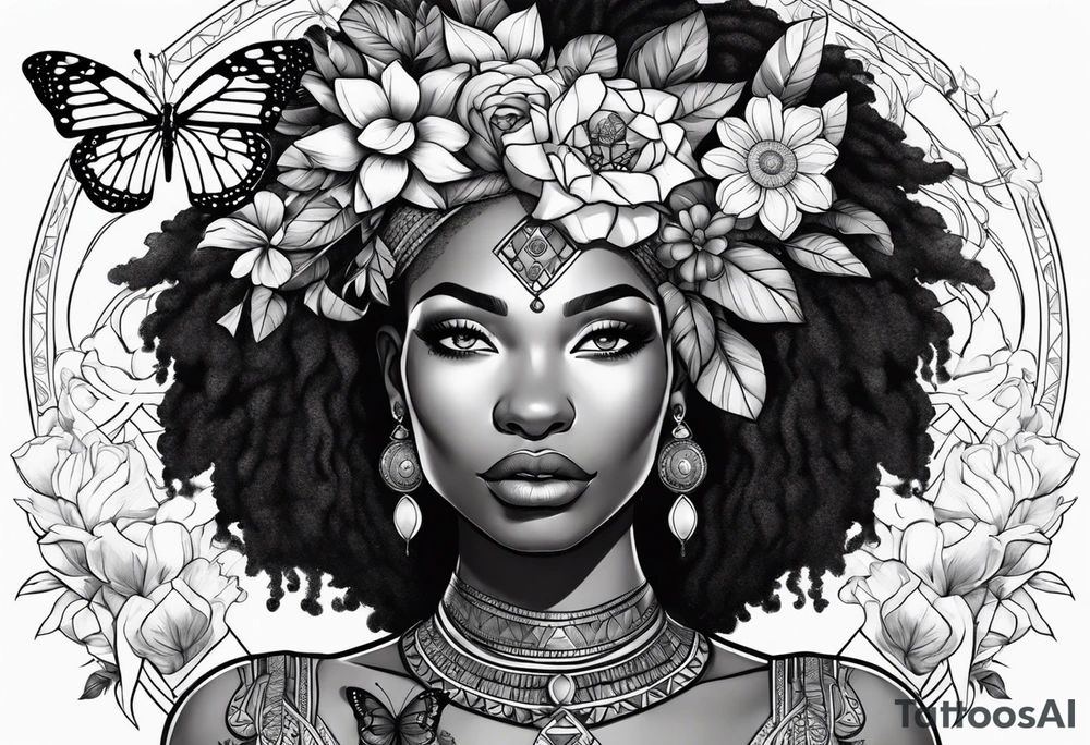 Nubian queen with flowers, butterflies and a lion tattoo idea