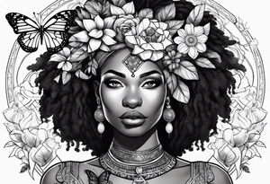 Nubian queen with flowers, butterflies and a lion tattoo idea
