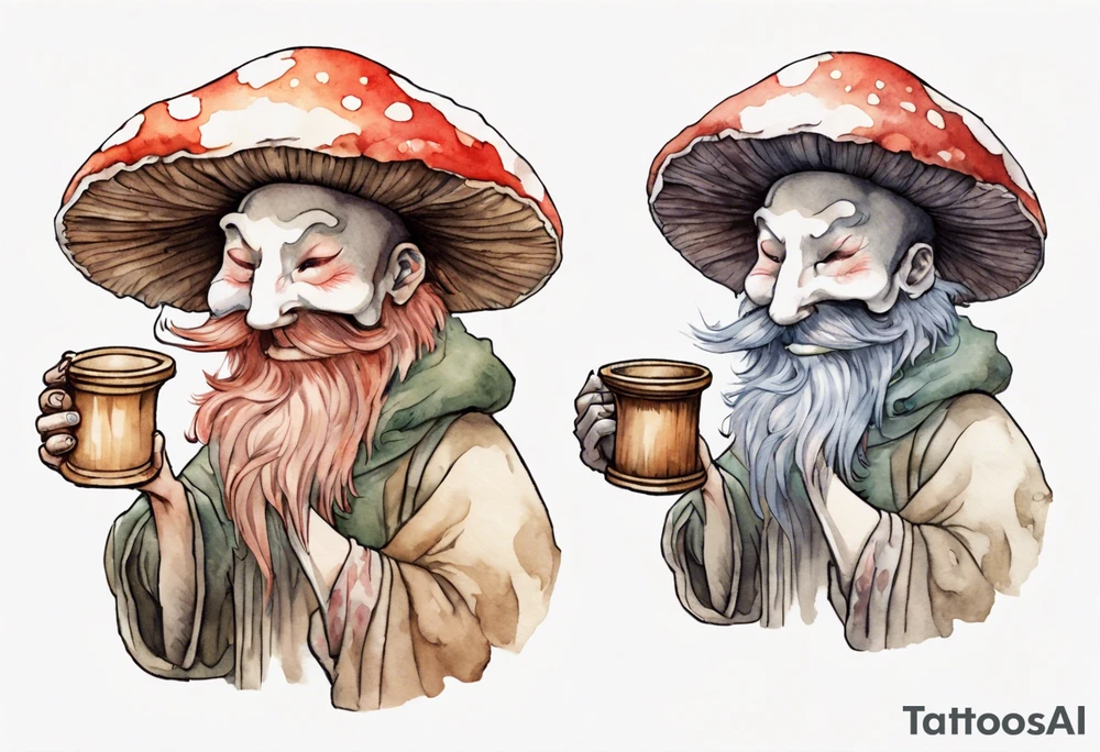 a mushroom person with a fur-covered face wearing a mushroom hat wearing a medieval tunic drinking from a wood cup, laughing tattoo idea