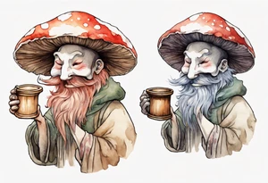 a mushroom person with a fur-covered face wearing a mushroom hat wearing a medieval tunic drinking from a wood cup, laughing tattoo idea