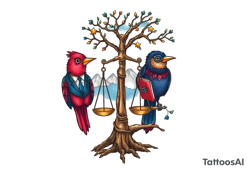 one of the birds red wearing a suit, other bird navy blue with glasses or holding a book, scales of justice built into a tree, starry night painting and mountain background tattoo idea